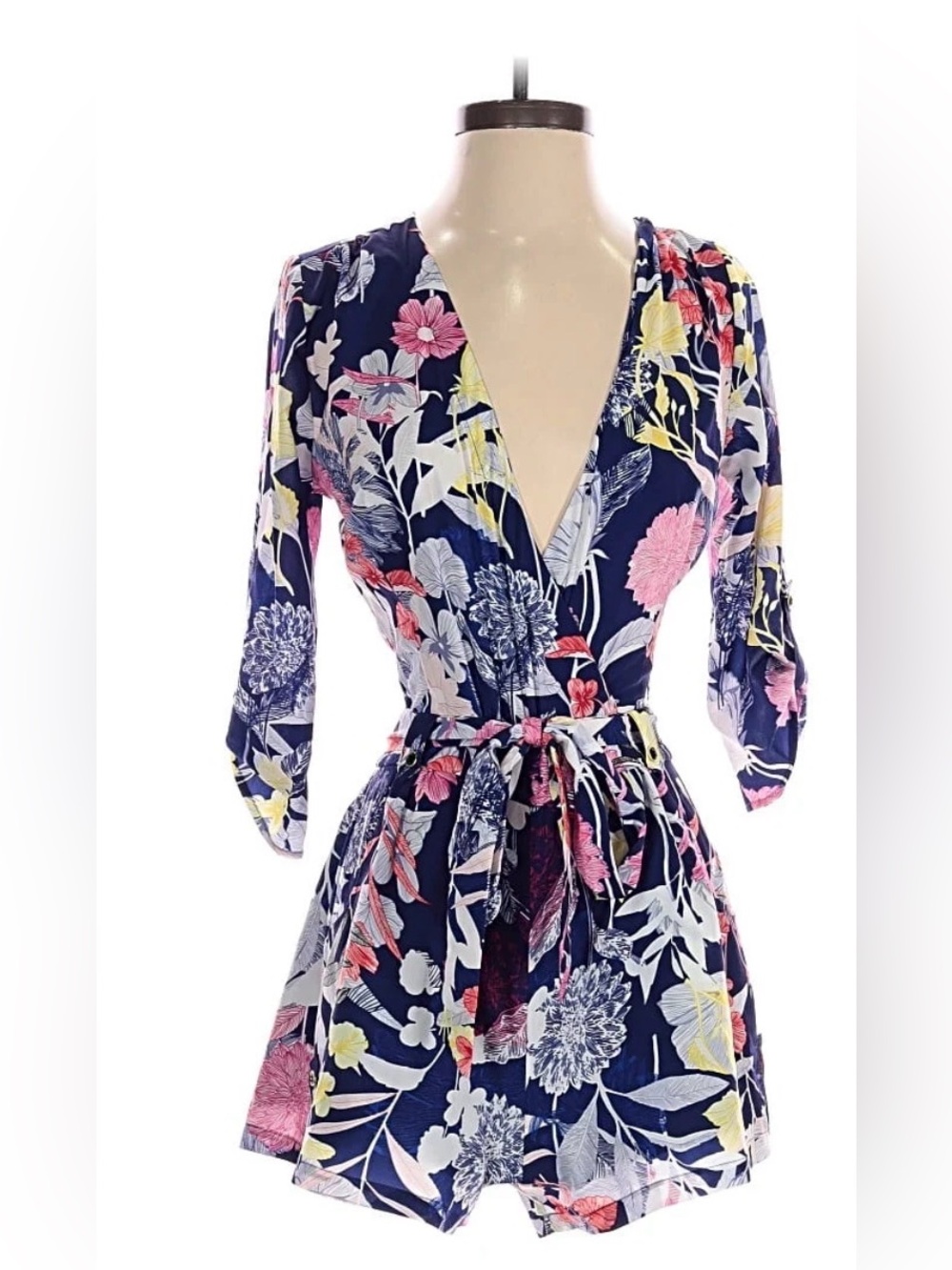 Yumi Kim Navy Blue Floral Romper Jacket with Light Blue and Pink Accents